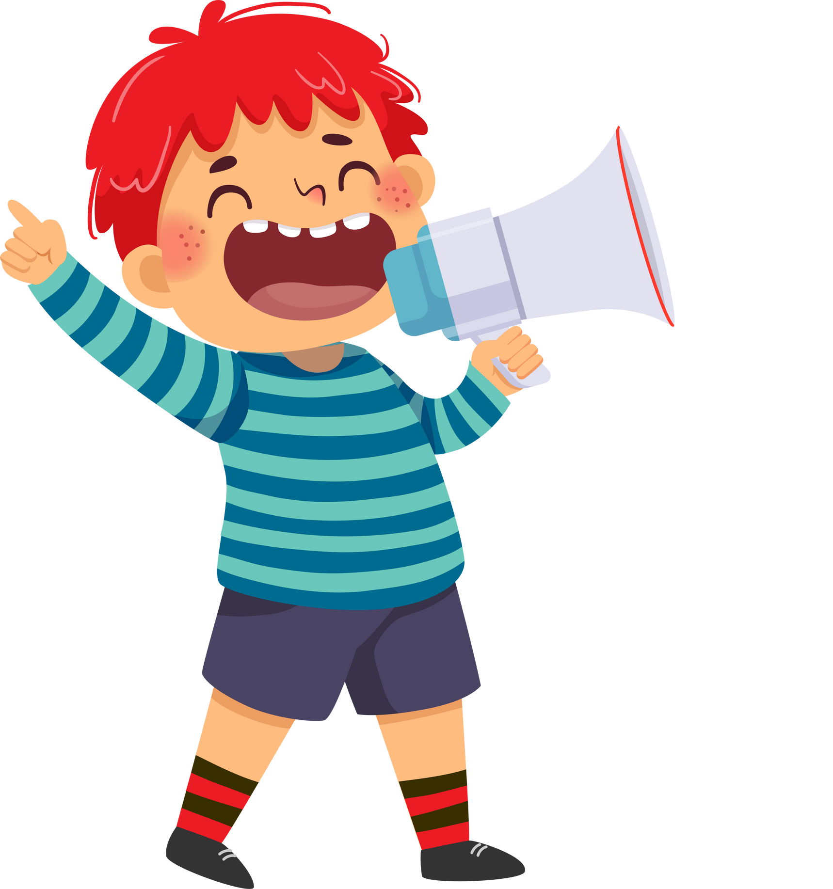 Cartoon boy screaming with megaphone and pointing finger up